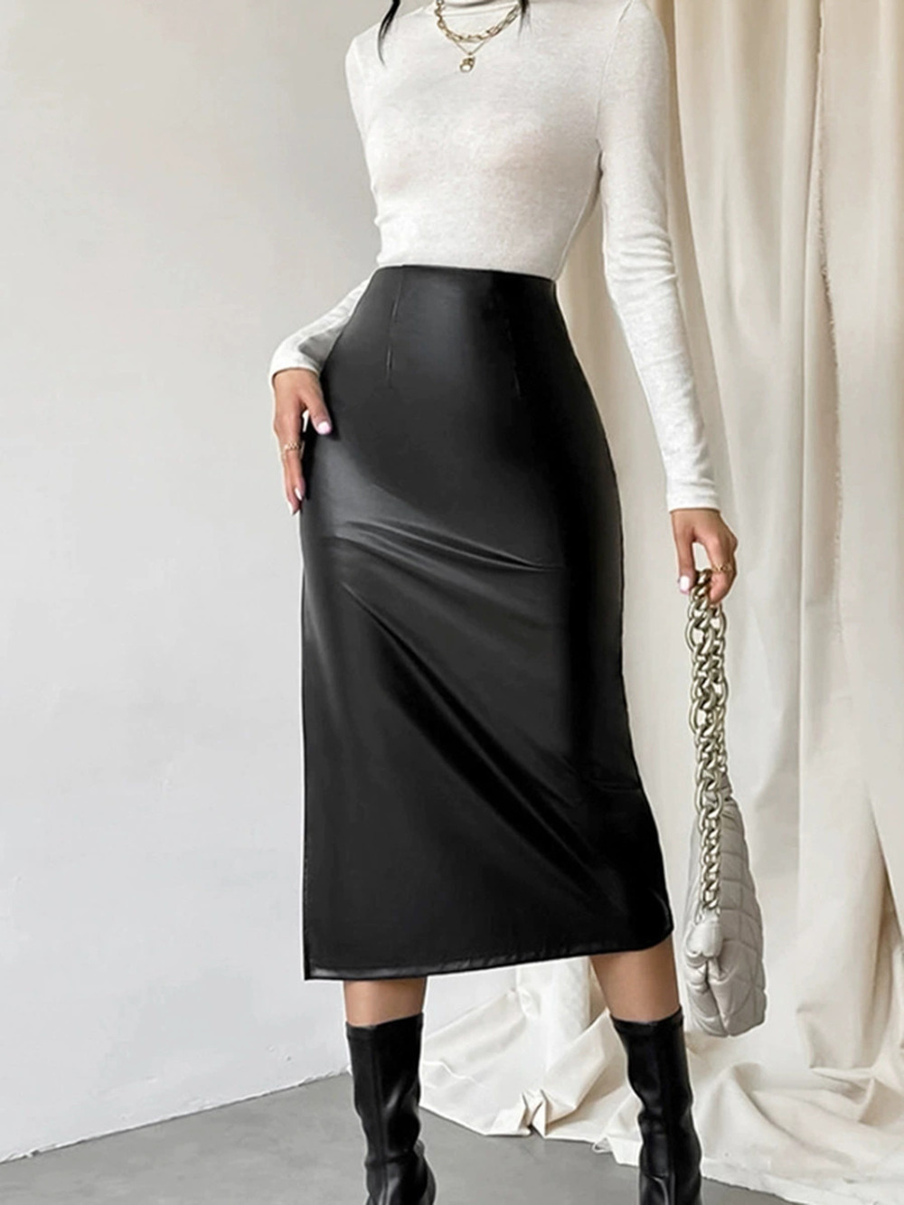 Forever 21 Spring Black Leather Midi Skirt Straight Slit Work